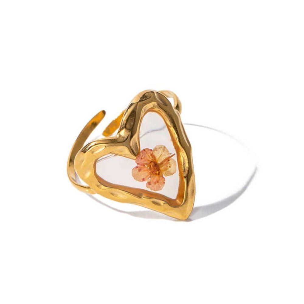 18K Gold Plated Stainless Steel Texture Hollow Heart Flower Open Ring
